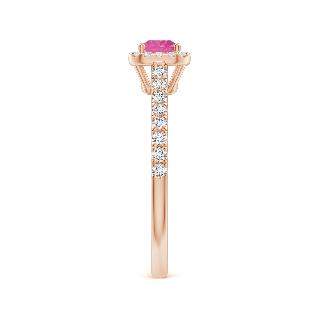 East–West Emerald Lab Pink Sapphire with Halo Moissanite Promise Ring