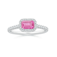 East–West Emerald Lab Pink Sapphire with Halo Moissanite Promise Ring