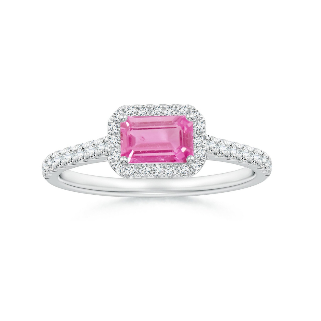 East–West Emerald Lab Pink Sapphire with Halo Moissanite Promise Ring