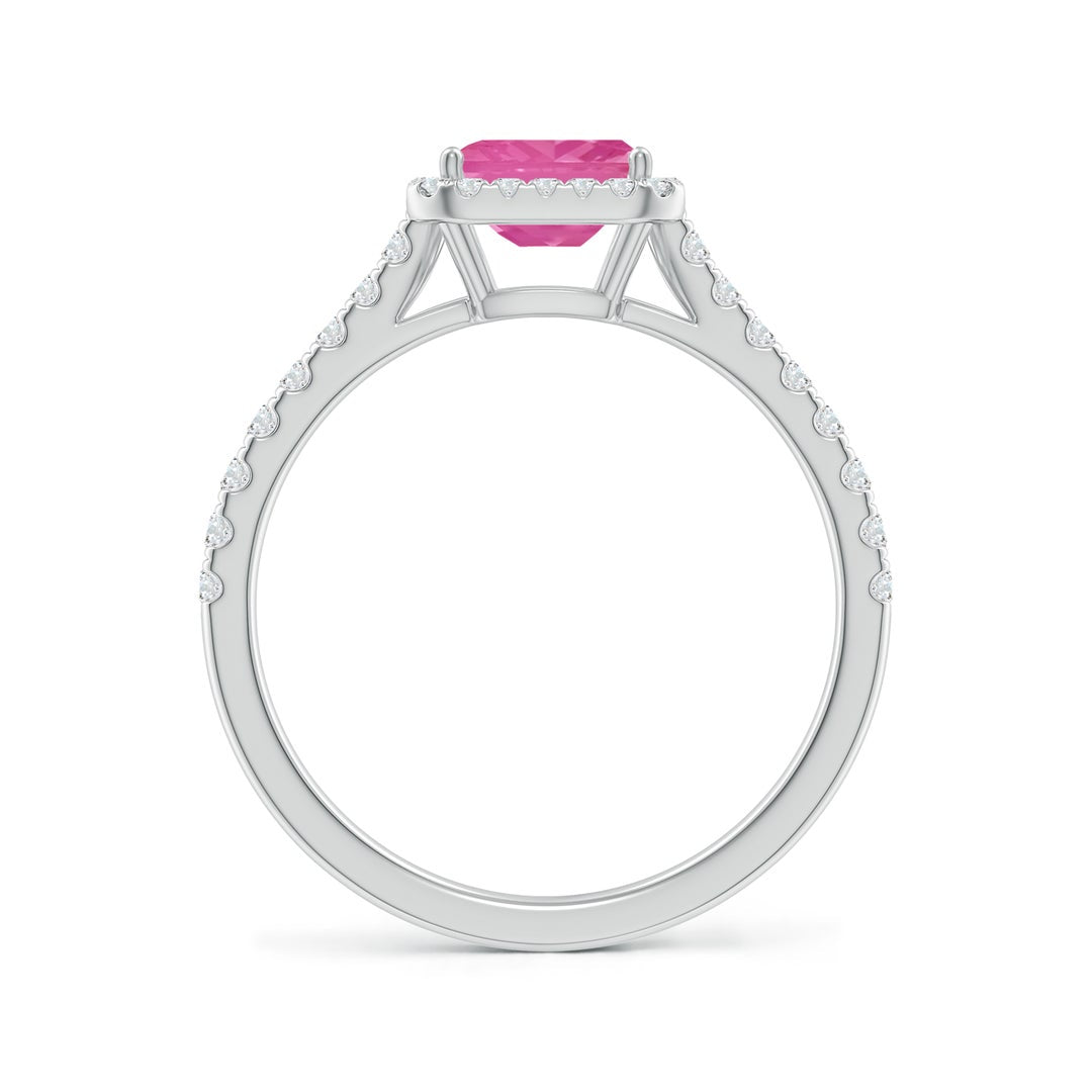 East–West Emerald Lab Pink Sapphire with Halo Moissanite Promise Ring
