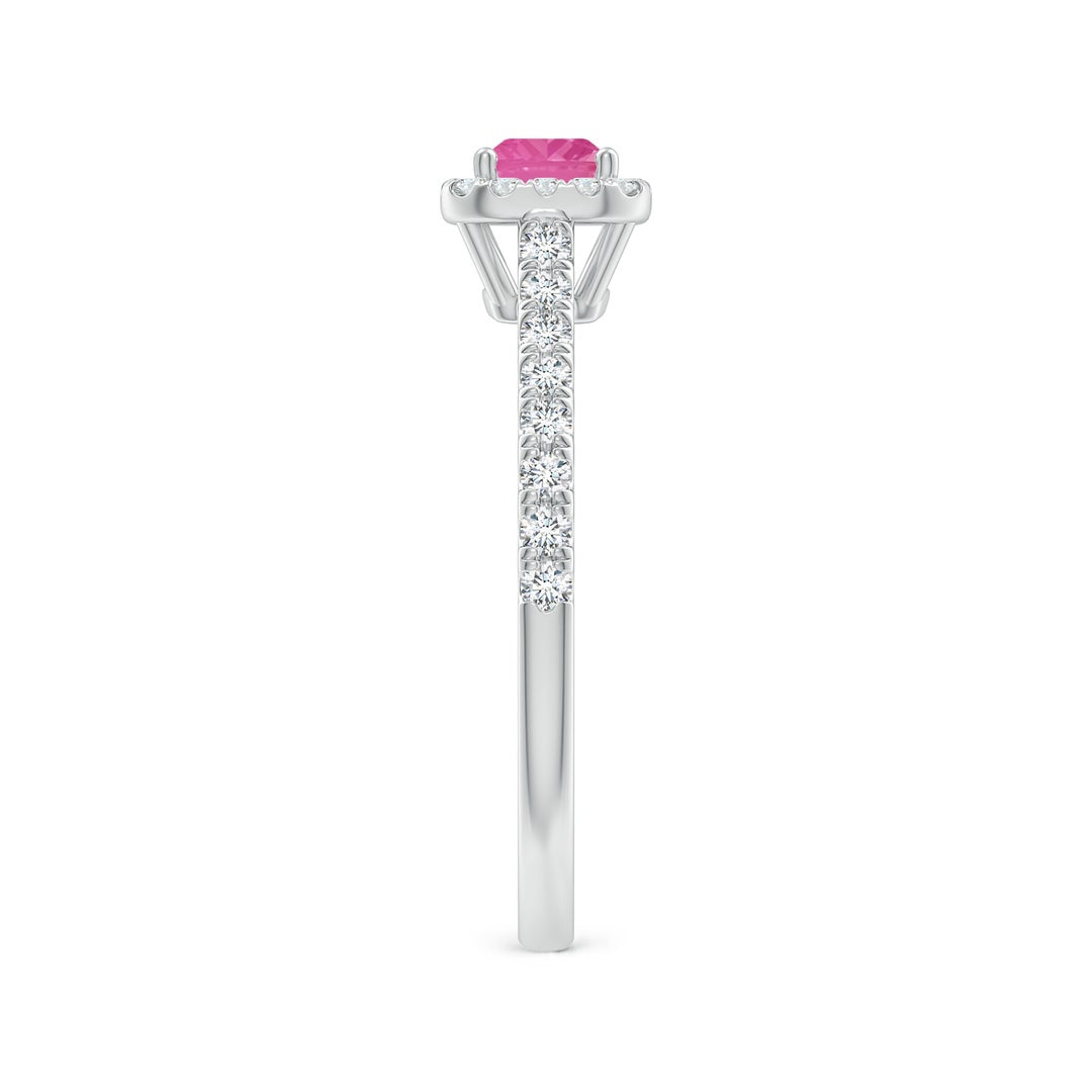East–West Emerald Lab Pink Sapphire with Halo Moissanite Promise Ring