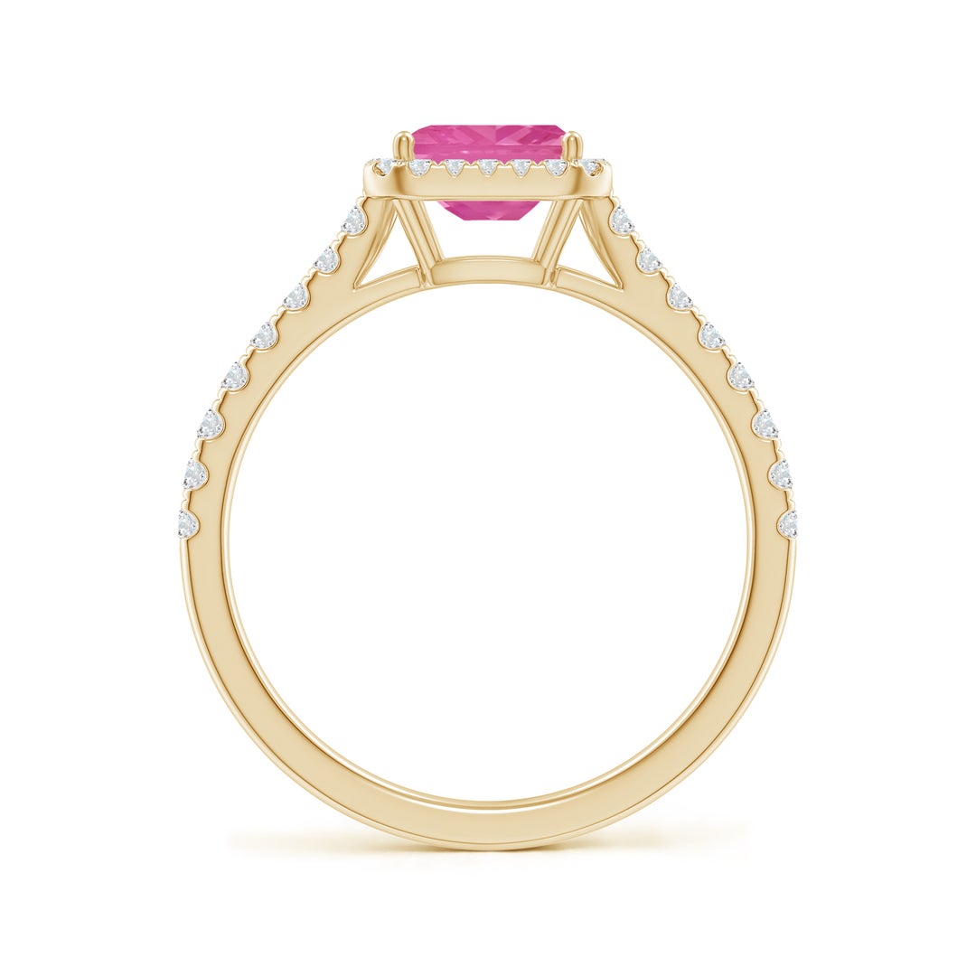East–West Emerald Lab Pink Sapphire with Halo Moissanite Promise Ring