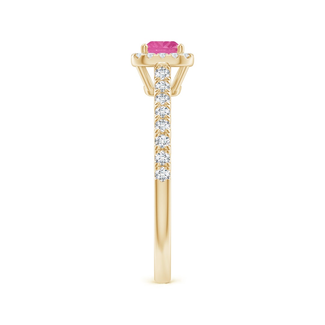 East–West Emerald Lab Pink Sapphire with Halo Moissanite Promise Ring