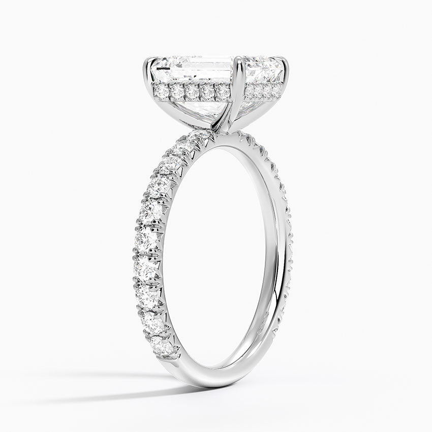 Emerald Cut French Pavé Moissanite Engagement Ring with Hidden Halo