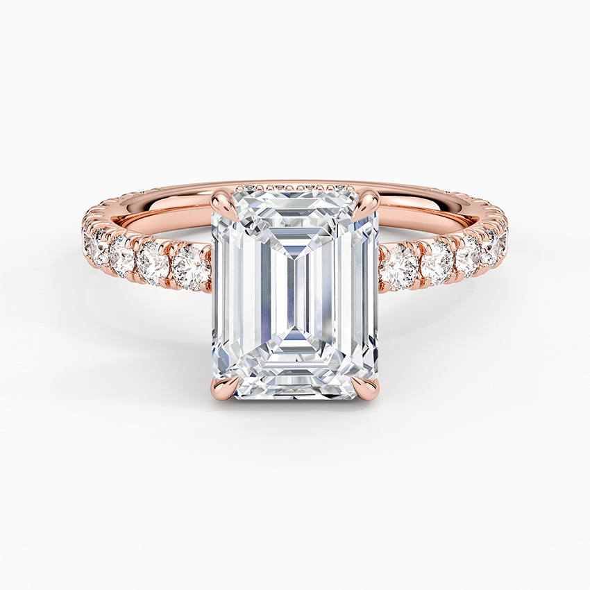 Emerald Cut French Pavé Moissanite Engagement Ring with Hidden Halo