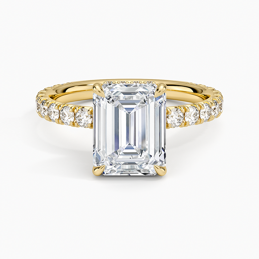 Emerald Cut French Pavé Moissanite Engagement Ring with Hidden Halo