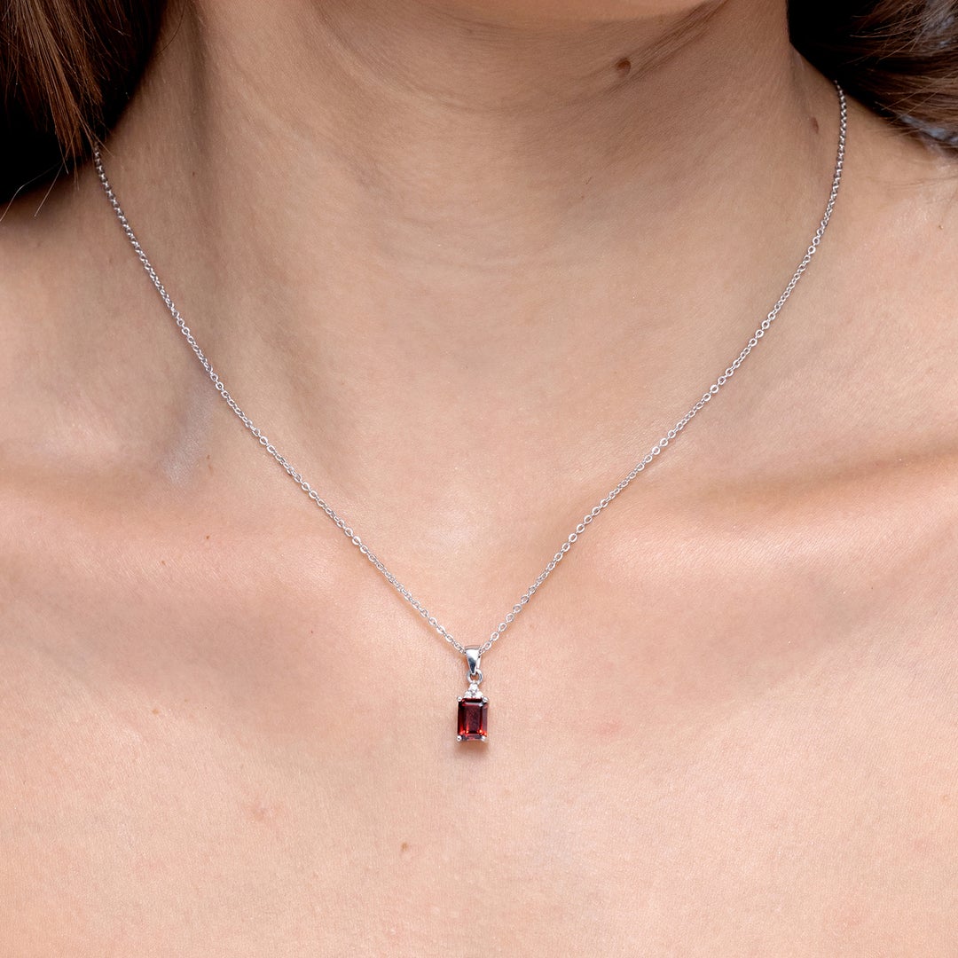 Emerald-Cut Garnet with Trio Moissanite Accent Pendant Necklace