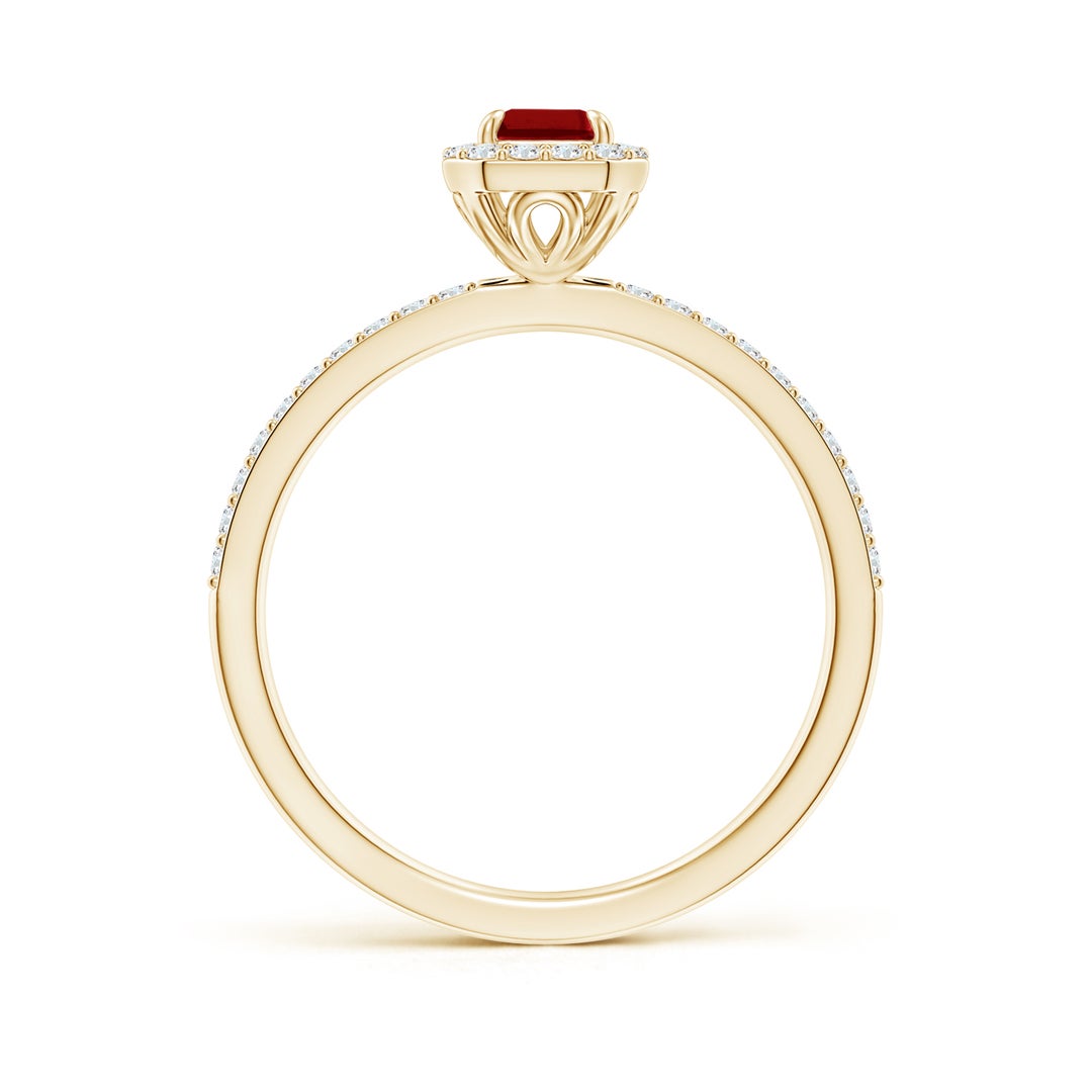 Emerald-Cut Lab-Created Ruby Halo with Pavé Moissanite Promise Ring
