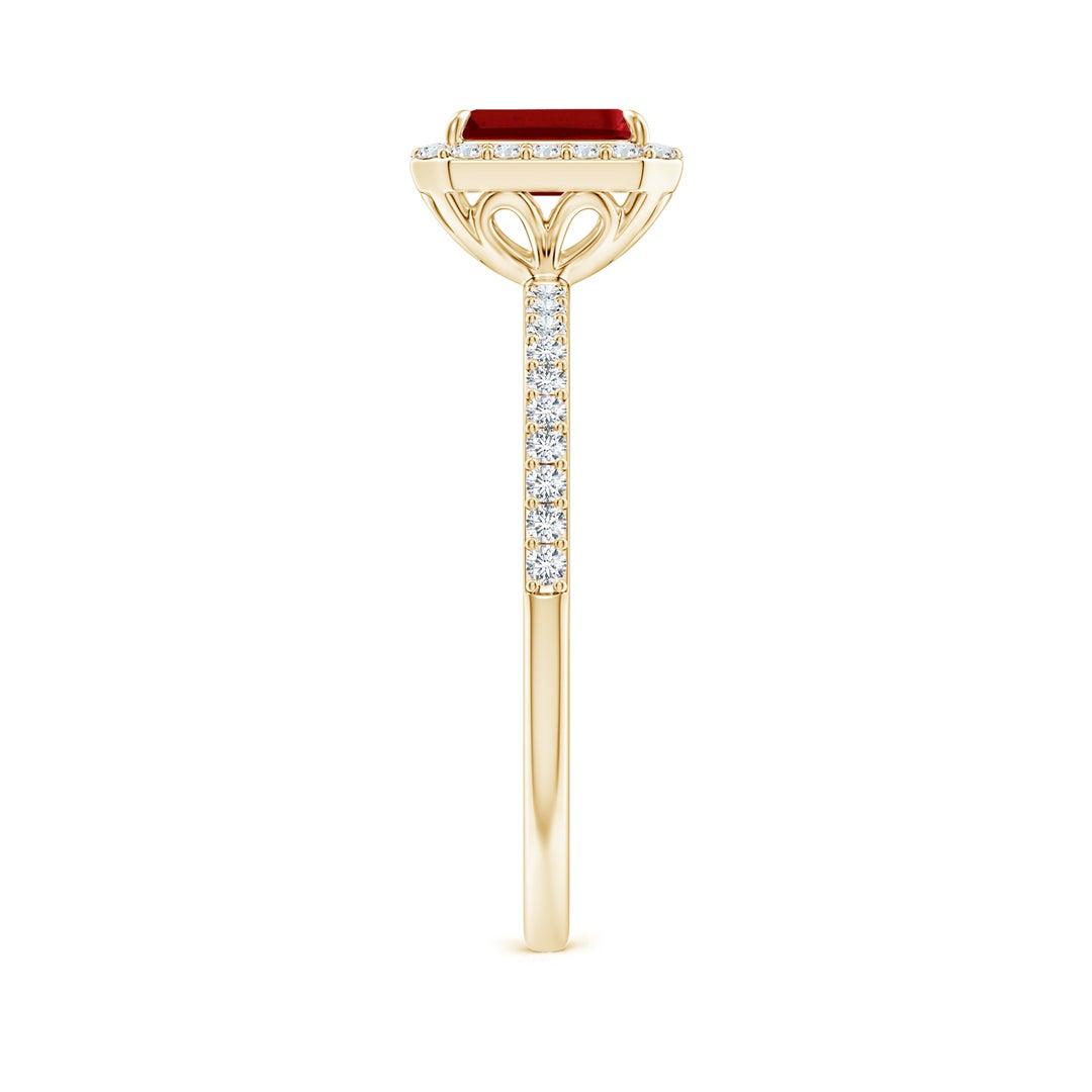 Emerald-Cut Lab-Created Ruby Halo with Pavé Moissanite Promise Ring