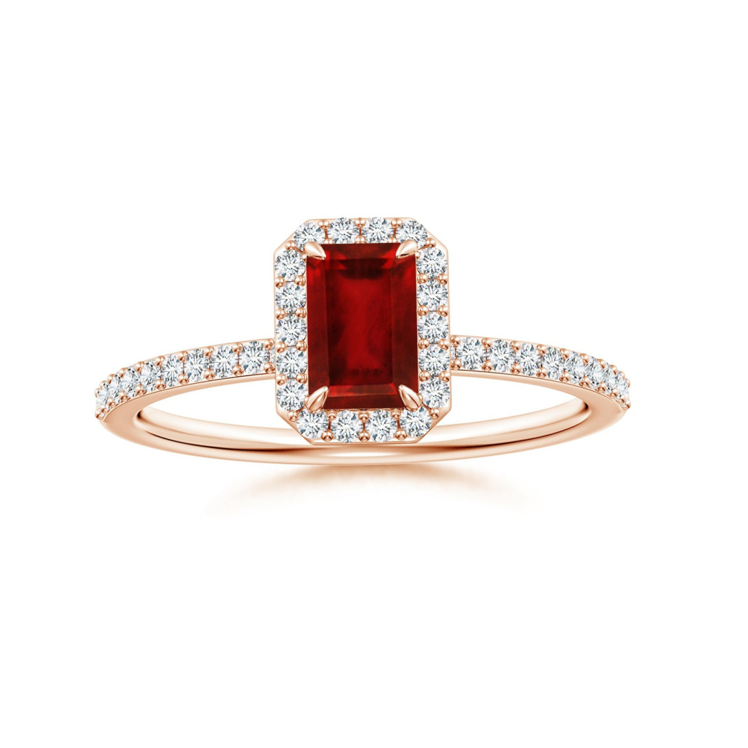 Emerald-Cut Lab-Created Ruby Halo with Pavé Moissanite Promise Ring