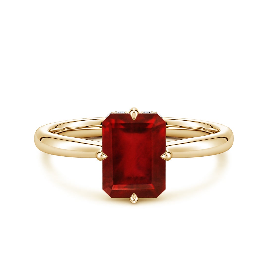 Emerald-Cut Lab-Created Ruby with Hidden Halo Moissanite Engagement Ring