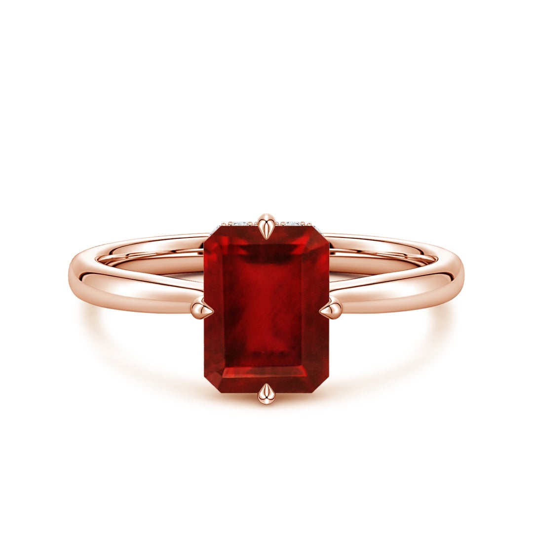 Emerald-Cut Lab-Created Ruby with Hidden Halo Moissanite Engagement Ring