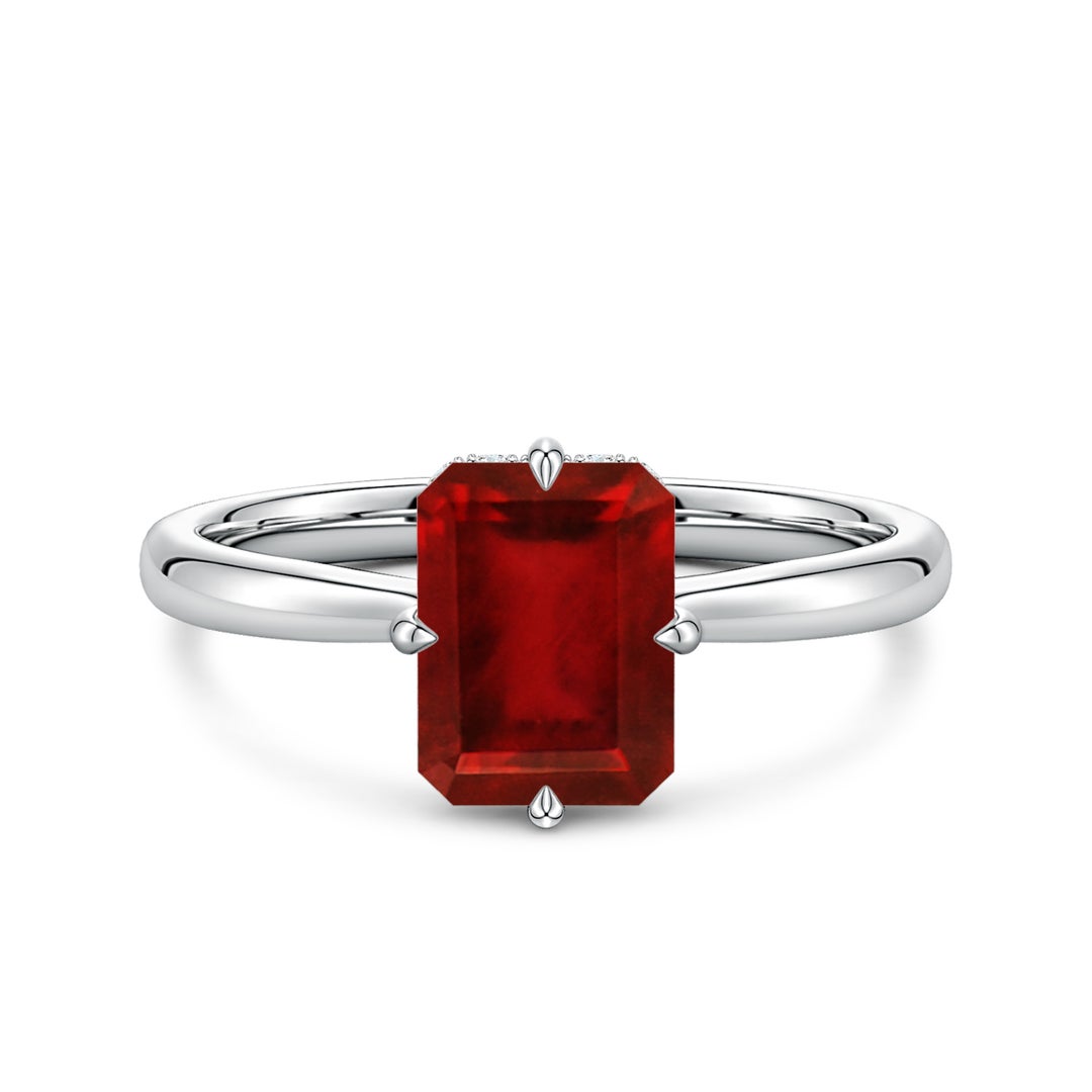 Emerald-Cut Lab-Created Ruby with Hidden Halo Moissanite Engagement Ring