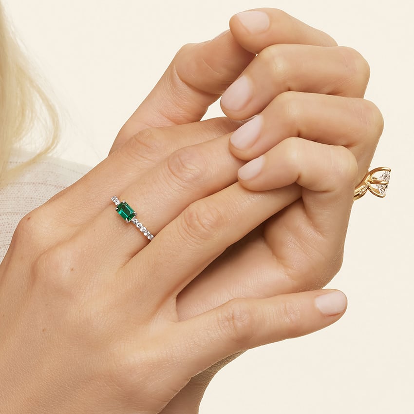 Emerald-Cut Lab Emerald and Moissanite Accent Promise Ring