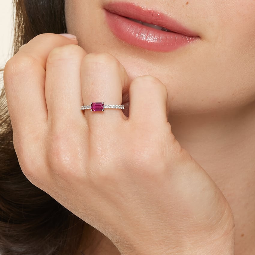 Emerald-Cut Lab Ruby and Moissanite Accent Promise Ring