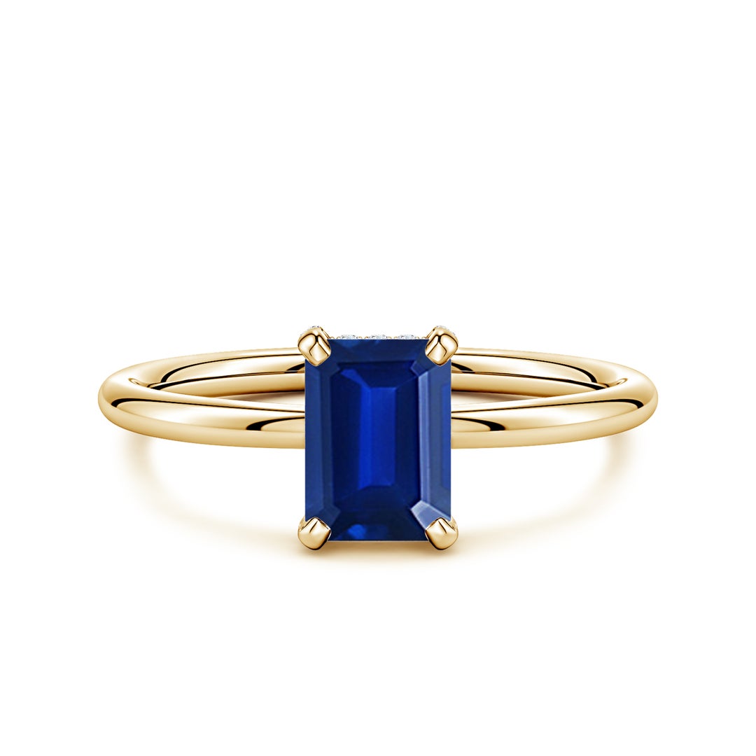 Emerald-Cut Lab Sapphire with Moissanite Hidden Halo Engagement Ring