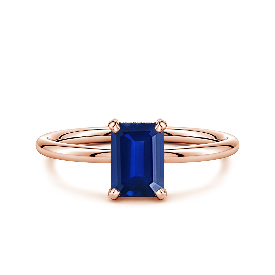 Emerald-Cut Lab Sapphire with Moissanite Hidden Halo Engagement Ring