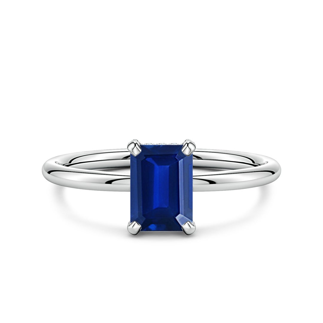 Emerald-Cut Lab Sapphire with Moissanite Hidden Halo Engagement Ring