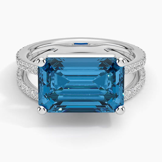 Emerald-Cut London Blue Topaz Double Moissanite Pavé Split-Shank Ring