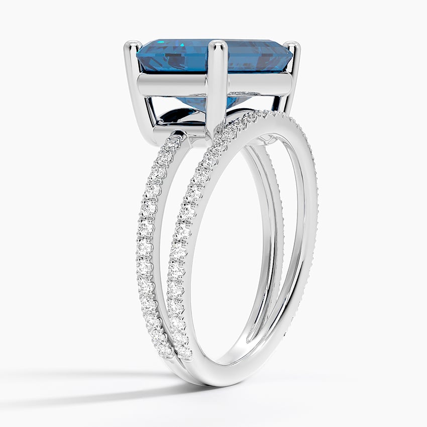 Emerald-Cut London Blue Topaz Double Moissanite Pavé Split-Shank Ring