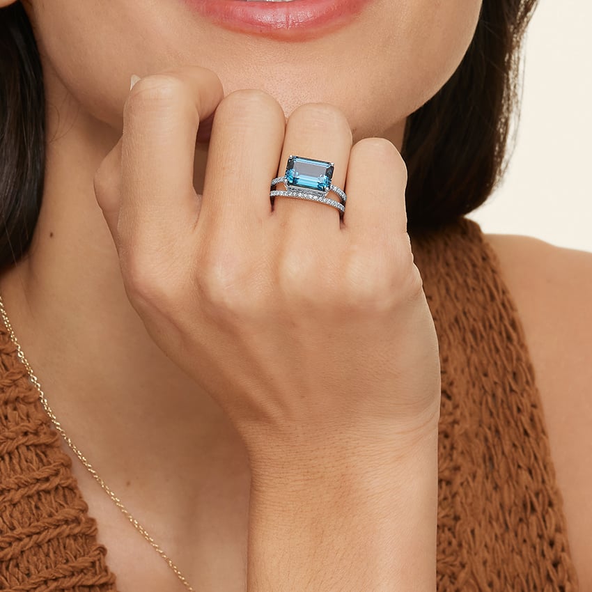 Emerald-Cut London Blue Topaz Double Moissanite Pavé Split-Shank Ring