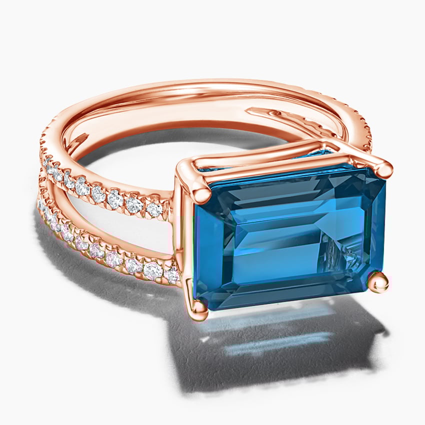 Emerald-Cut London Blue Topaz Double Moissanite Pavé Split-Shank Ring