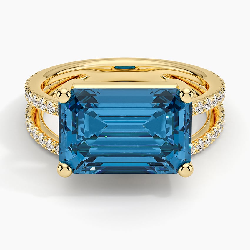 Emerald-Cut London Blue Topaz Double Moissanite Pavé Split-Shank Ring