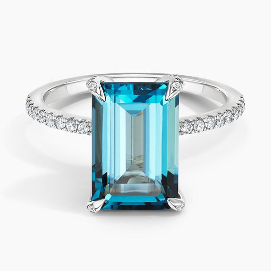 Emerald Cut London Blue Topaz and Moissanite Pavé Cocktail Ring