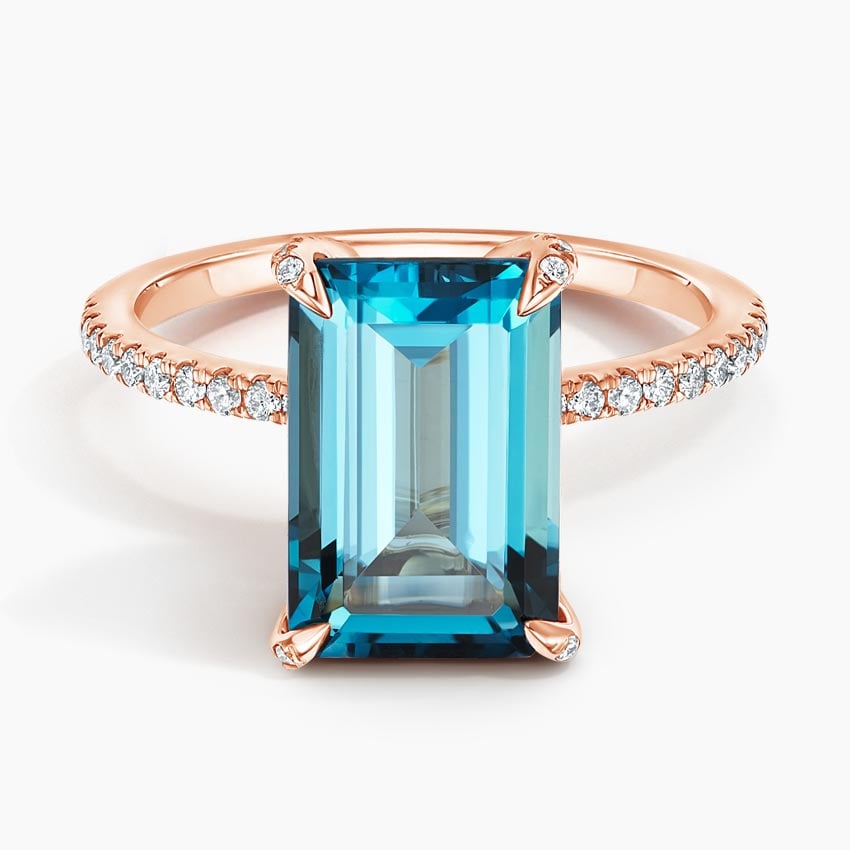 Emerald Cut London Blue Topaz and Moissanite Pavé Cocktail Ring