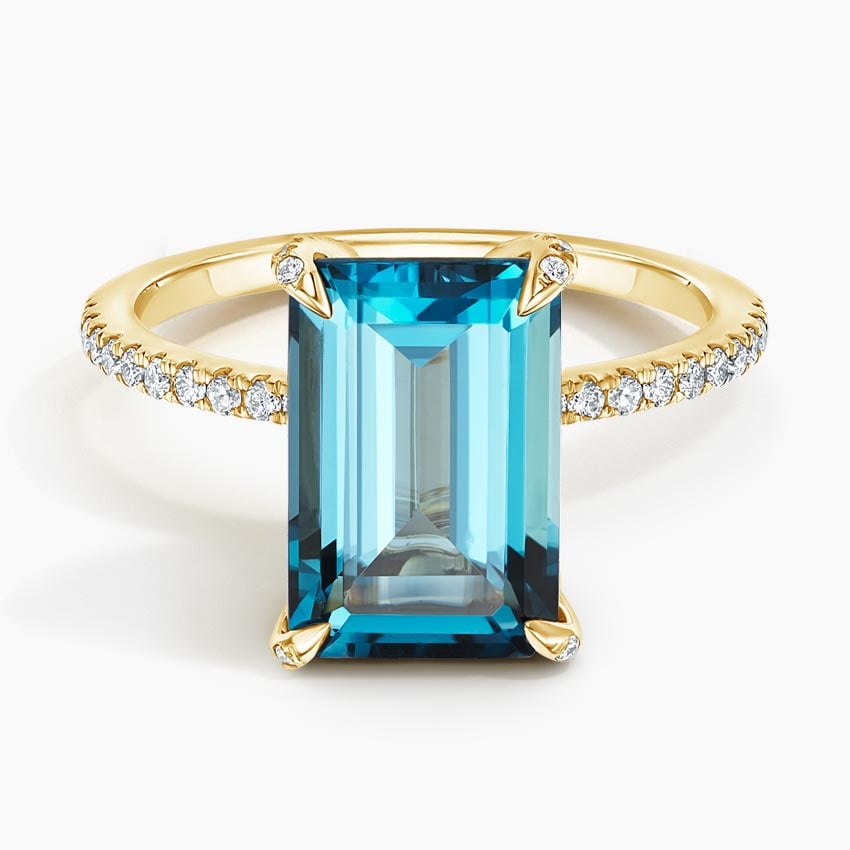 Emerald Cut London Blue Topaz and Moissanite Pavé Cocktail Ring