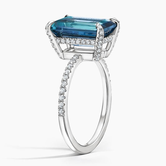 Emerald Cut London Blue Topaz and Moissanite Pavé Cocktail Ring