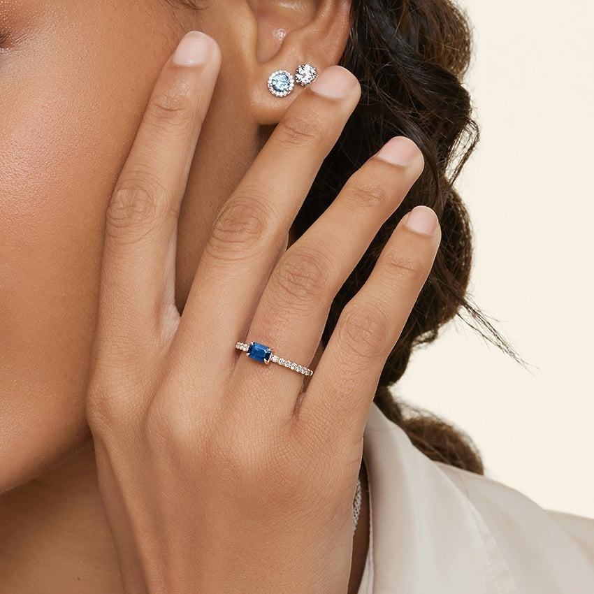 Emerald-Cut Sapphire and Moissanite Accent Promise Ring