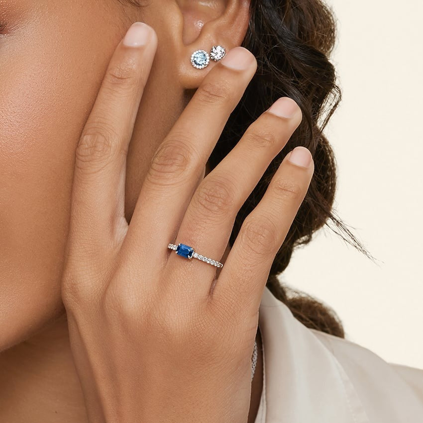 Emerald-Cut Sapphire and Moissanite Accent Promise Ring
