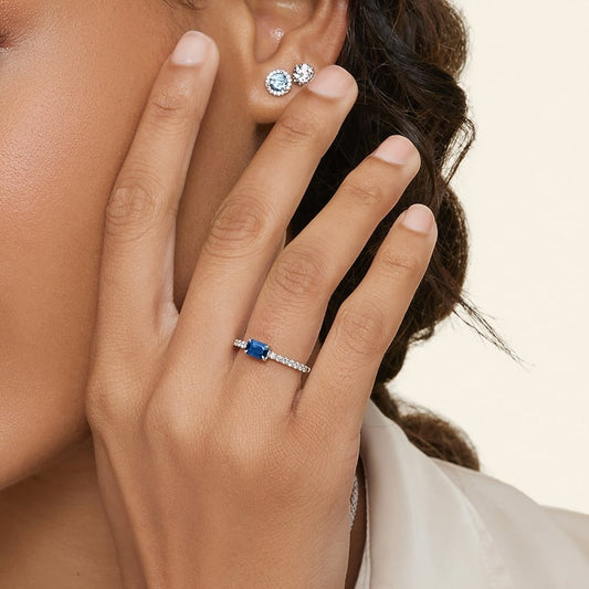Emerald-Cut Sapphire and Moissanite Accent Promise Ring