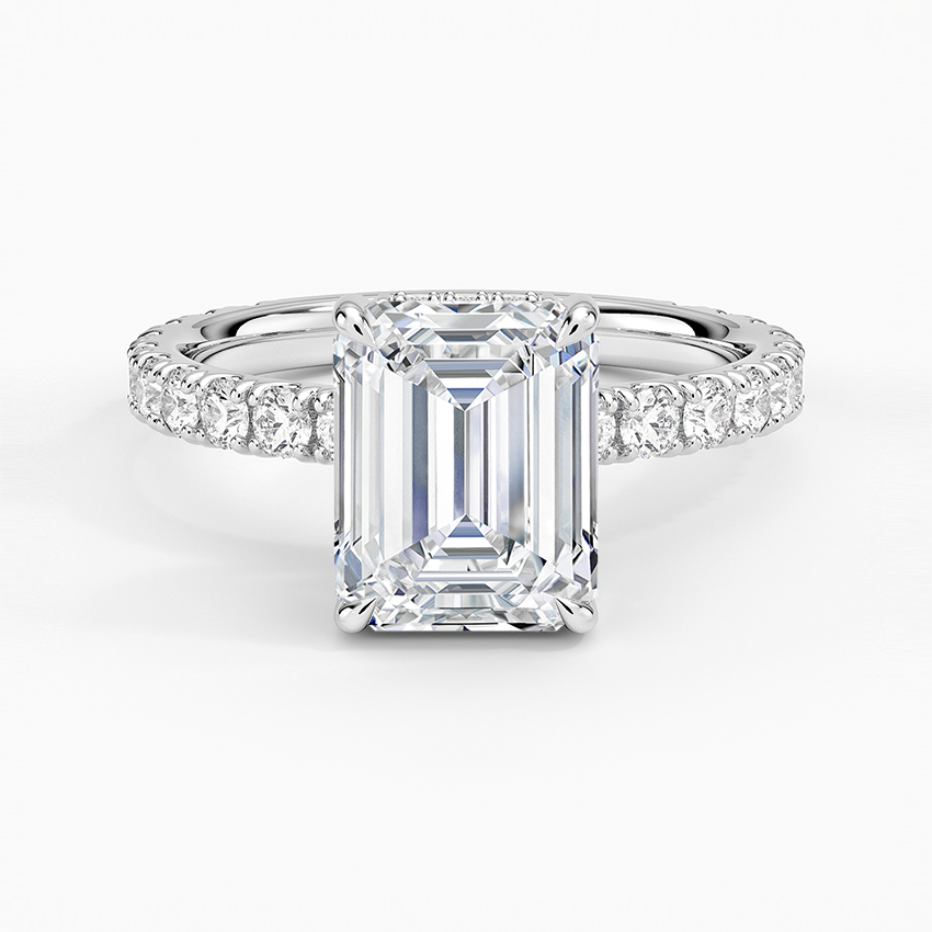 Emerald Cut Three-Quarter Pavé Band Moissanite Engagement Ring with Hidden Halo