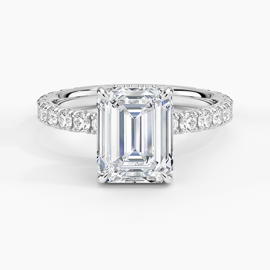 Emerald Cut Three-Quarter Pavé Band Moissanite Engagement Ring with Hidden Halo
