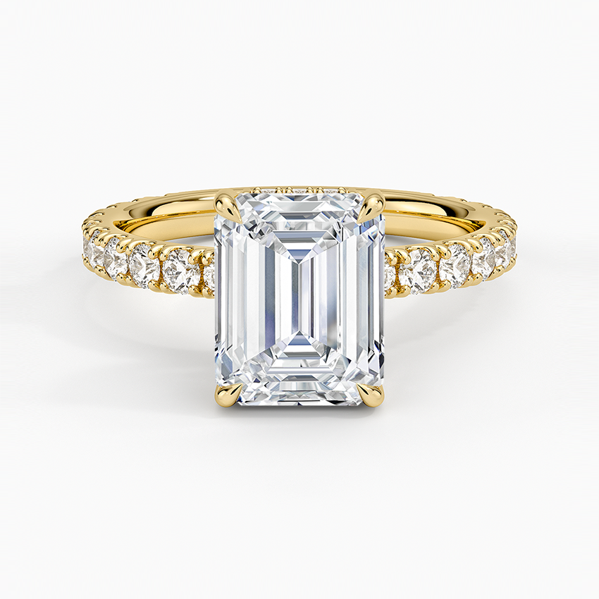 Emerald Cut Three-Quarter Pavé Band Moissanite Engagement Ring with Hidden Halo