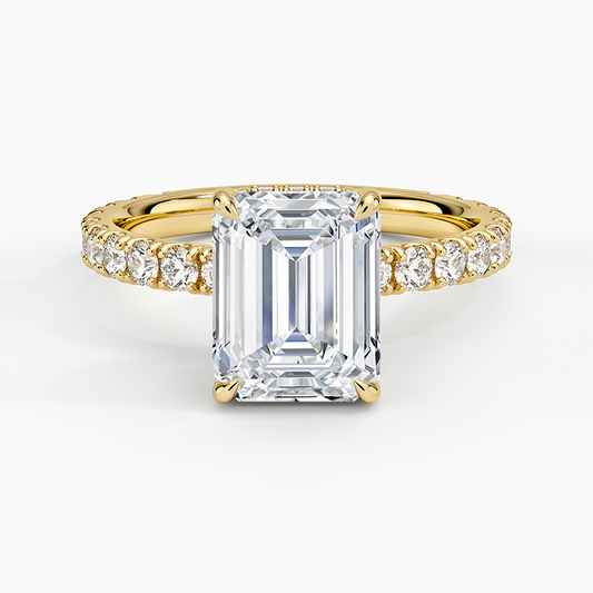 Emerald Cut Three-Quarter Pavé Band Moissanite Engagement Ring with Hidden Halo
