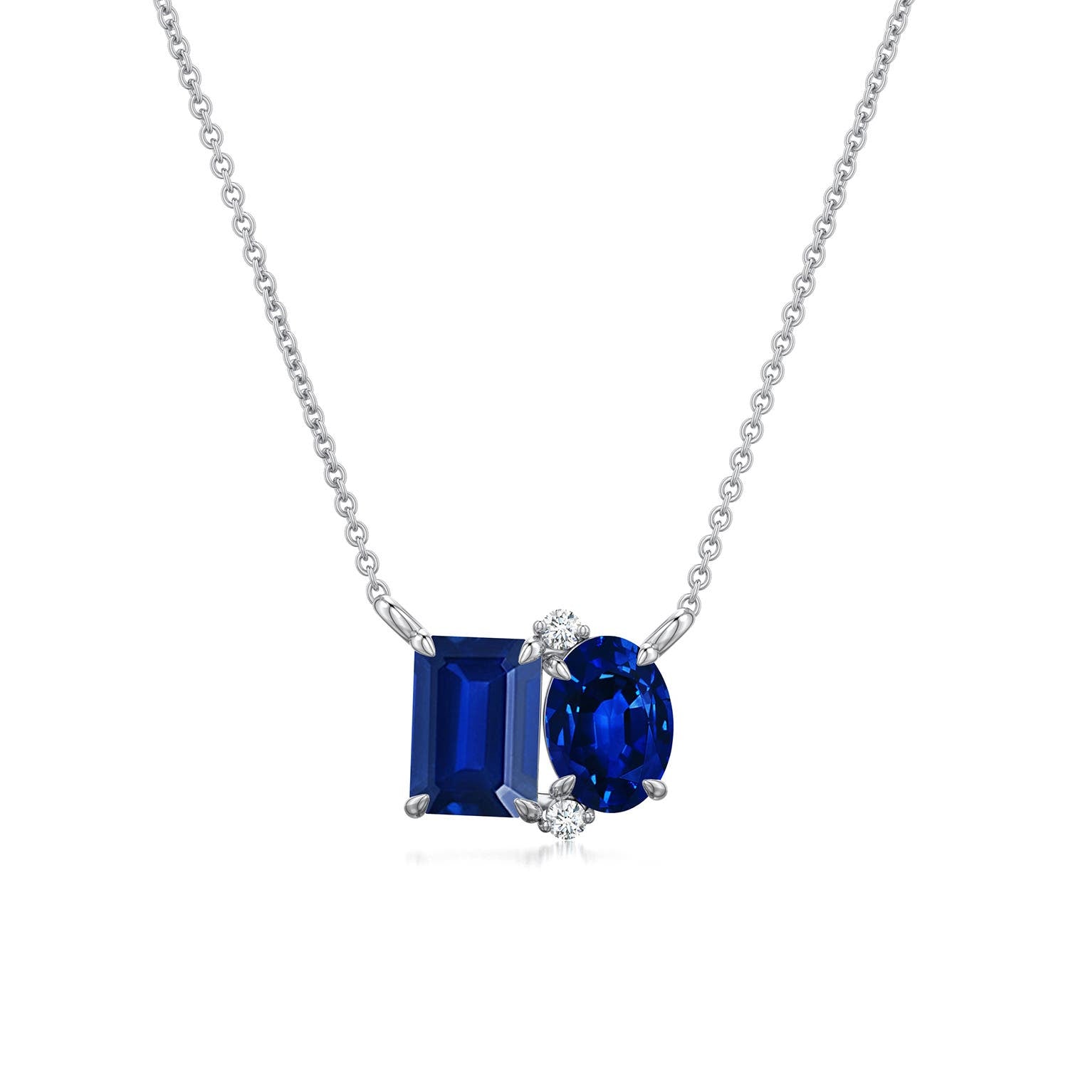 Emerald-Oval Lab-Grown Blue Sapphire Toi et Moi Pendant Moissanite Accents Necklace