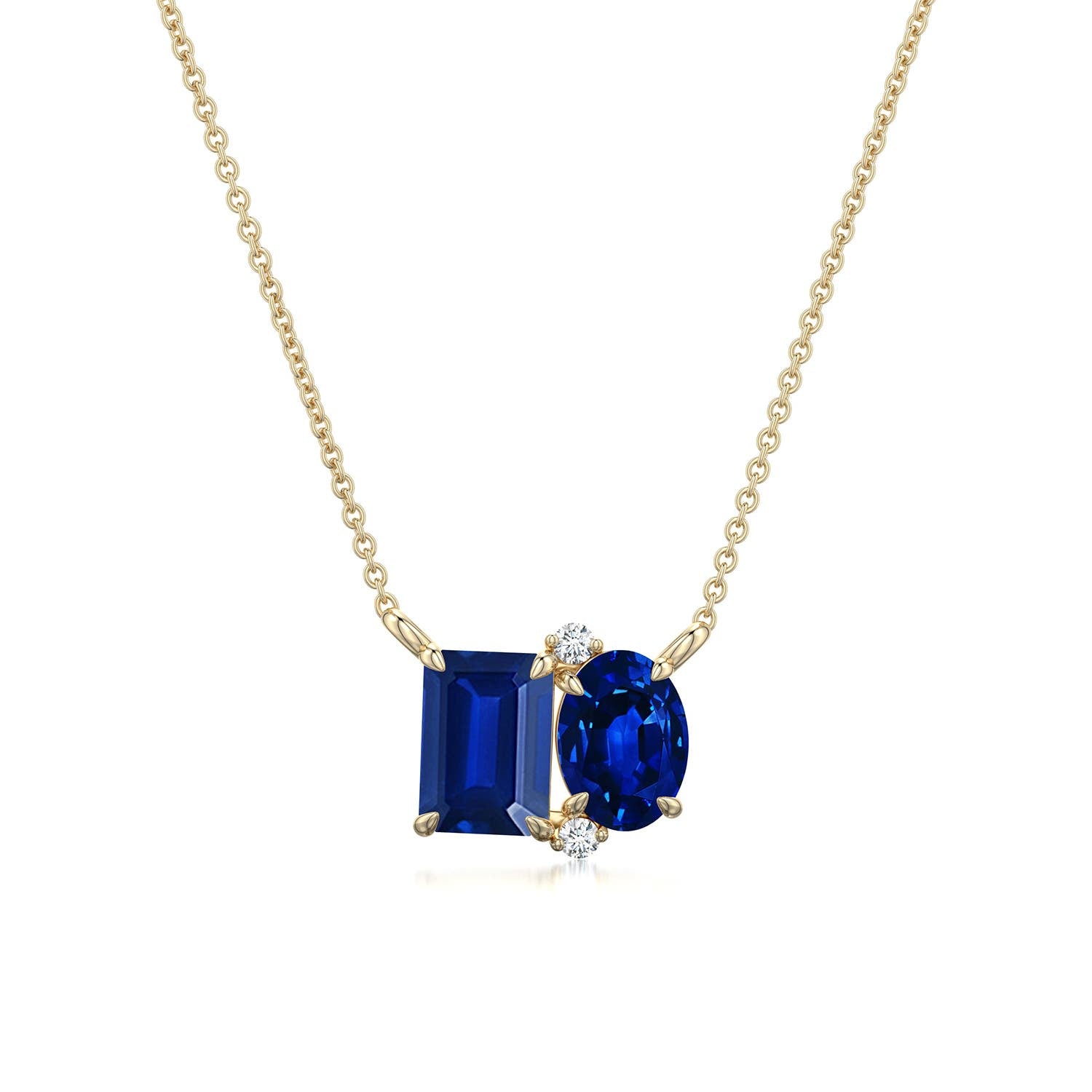 Emerald-Oval Lab-Grown Blue Sapphire Toi et Moi Pendant Moissanite Accents Necklace
