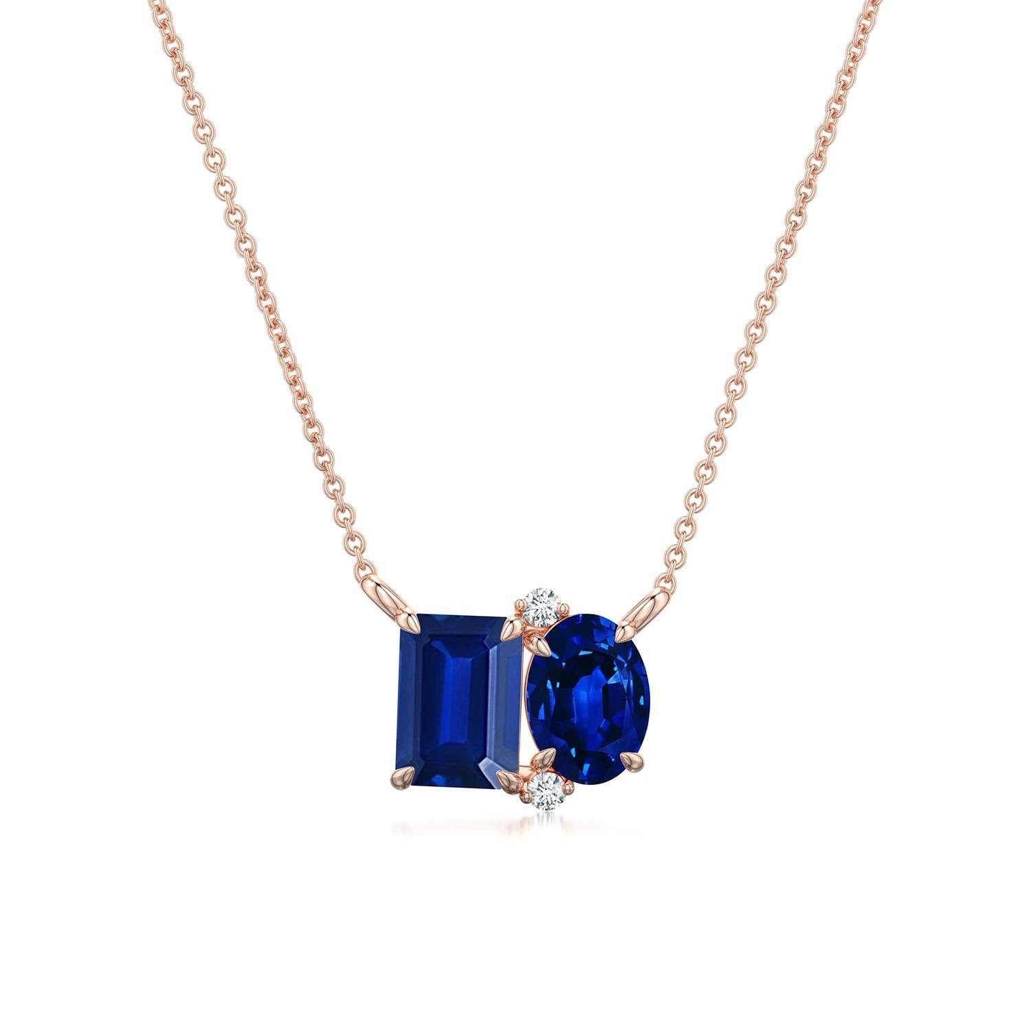 Emerald-Oval Lab-Grown Blue Sapphire Toi et Moi Pendant Moissanite Accents Necklace