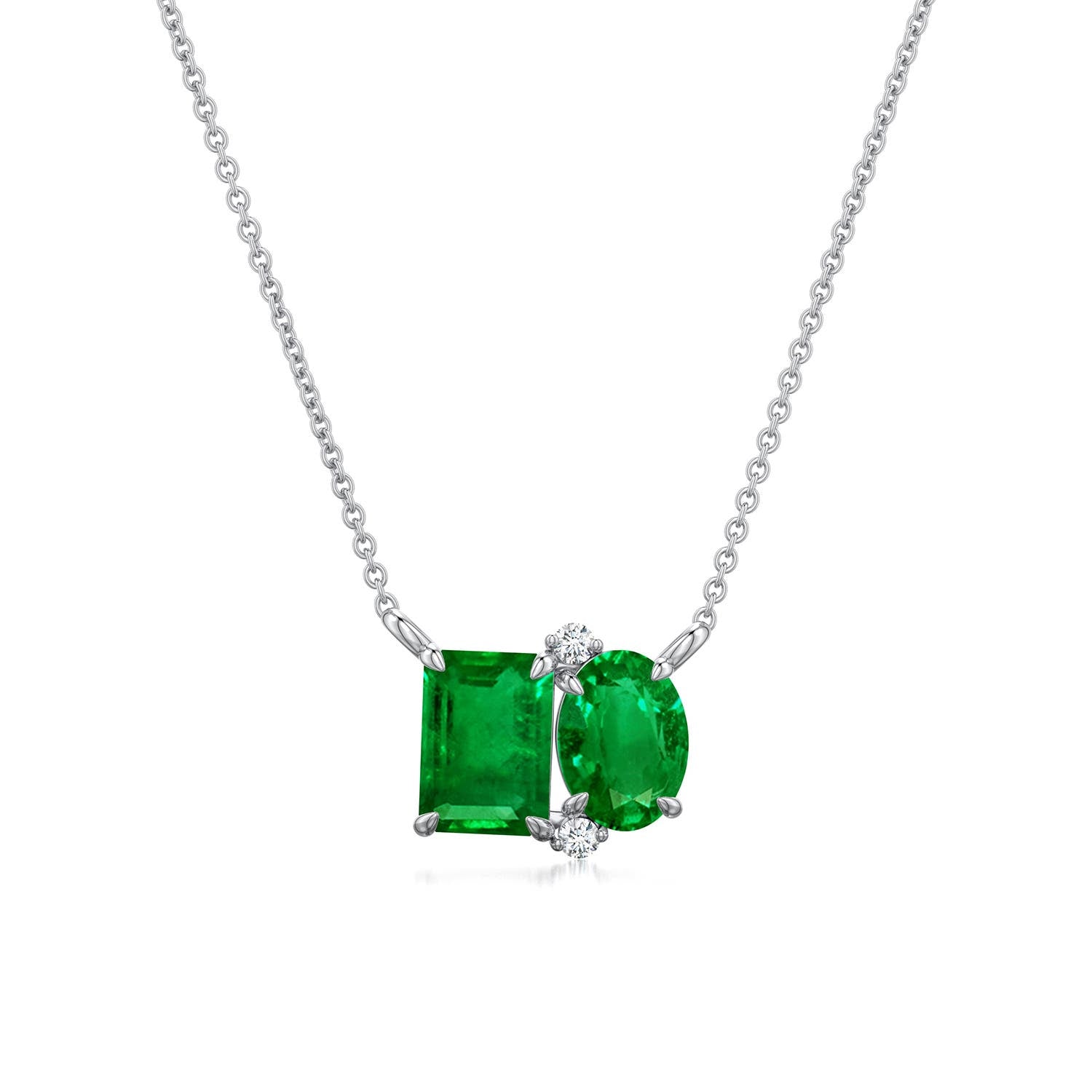 Emerald-Oval Lab-Grown Emerald Toi et Moi Pendant Moissanite Accents Necklace