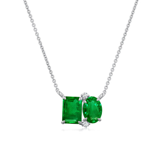 Emerald-Oval Lab-Grown Emerald Toi et Moi Pendant Moissanite Accents Necklace