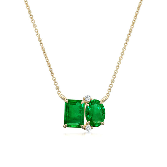 Emerald-Oval Lab-Grown Emerald Toi et Moi Pendant Moissanite Accents Necklace