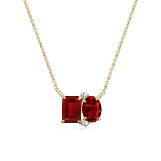 Emerald-Oval Lab-Grown Ruby Toi et Moi Pendant Moissanite Accents Necklace