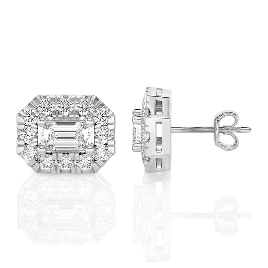 Emerald Cut Halo Moissanite Stud Earrings