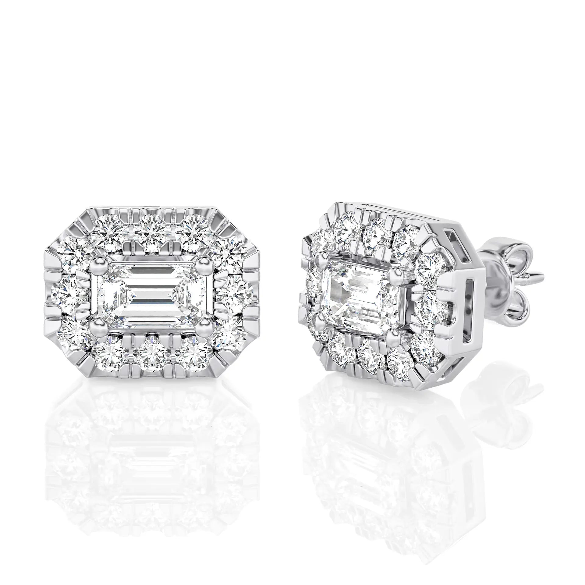 Emerald Cut Halo Moissanite Stud Earrings