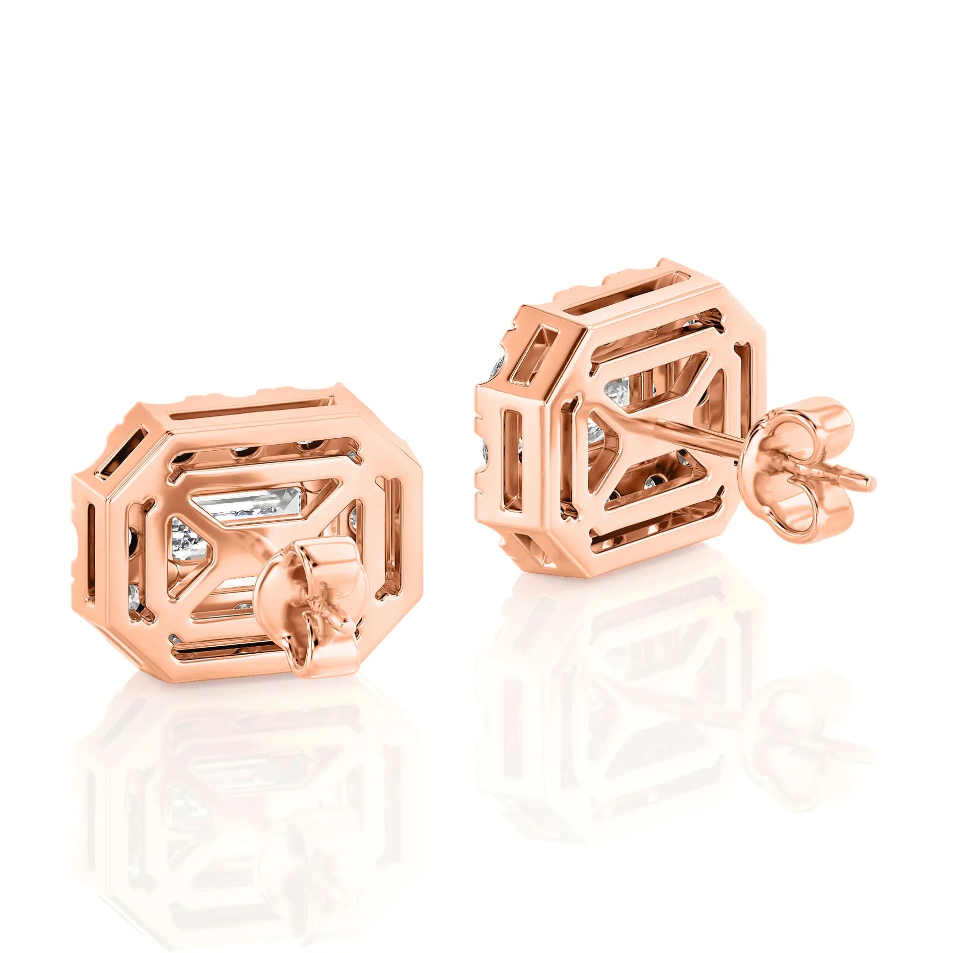 Emerald Cut Halo Moissanite Stud Earrings