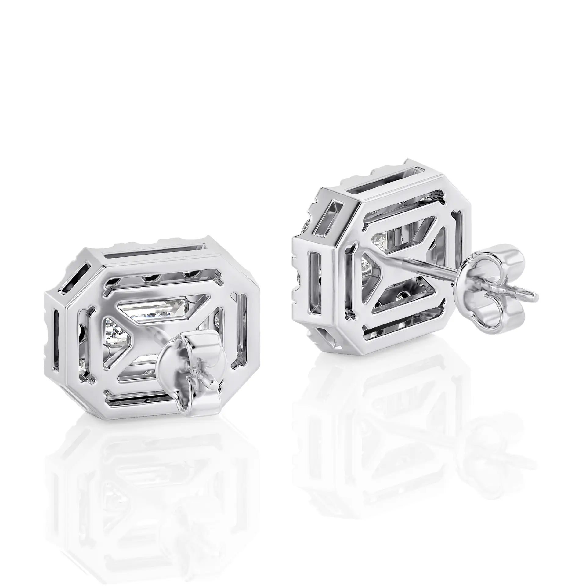 Emerald Cut Halo Moissanite Stud Earrings