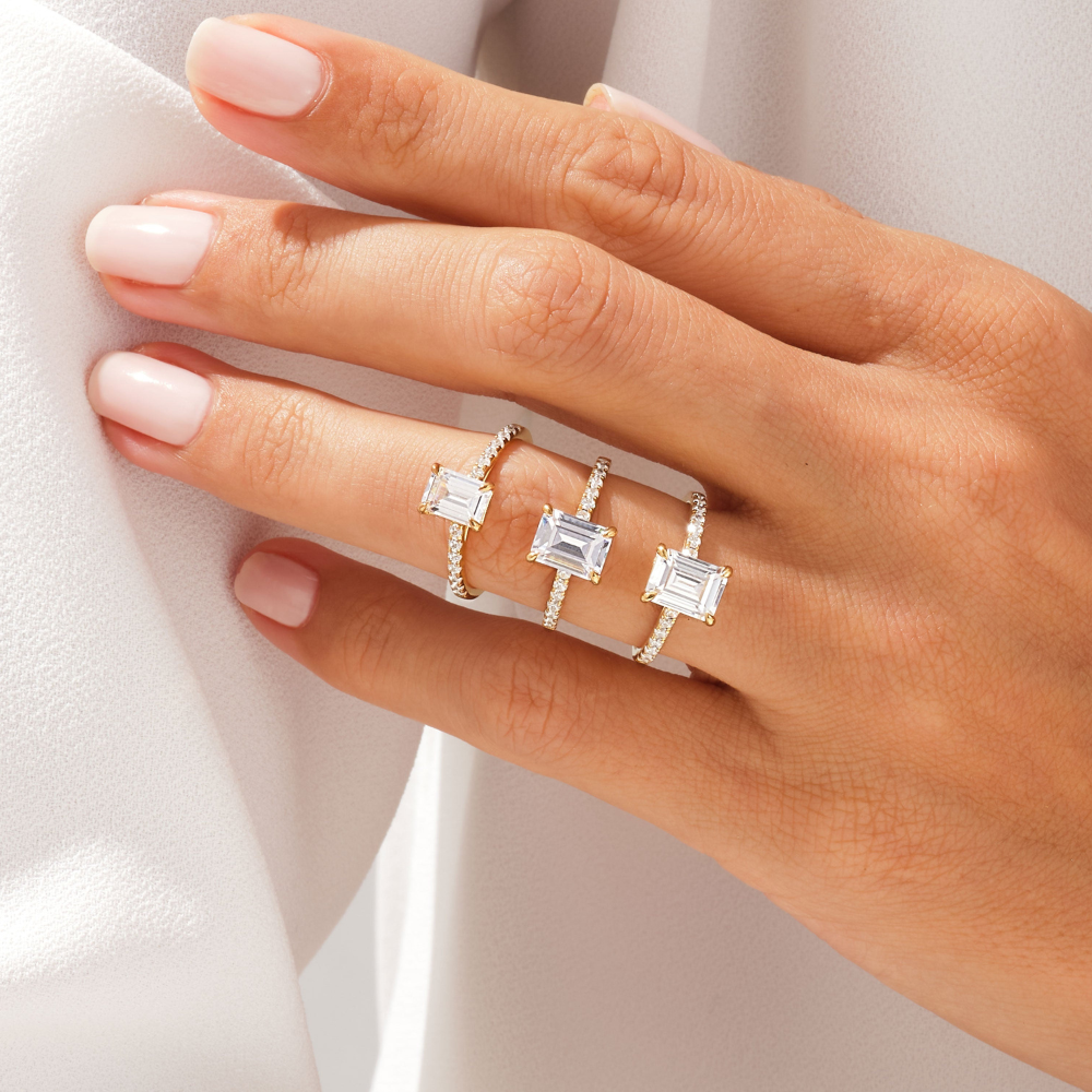 Emerald Cut Moissanite Engagement Ring with Pavé Band